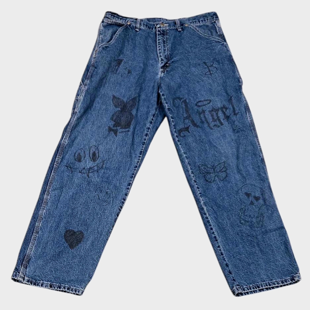 Wrangler Men's Carpenter Jeans  Waist 35.5 Inch Altered Doodle Art Unique Pants